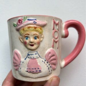 Vintage mom & pop small pink and white ceramic coffee mug cottagecore Japan